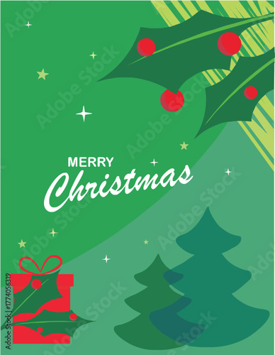Editable christmas card vector design in two shades of  green background minimalistic vector