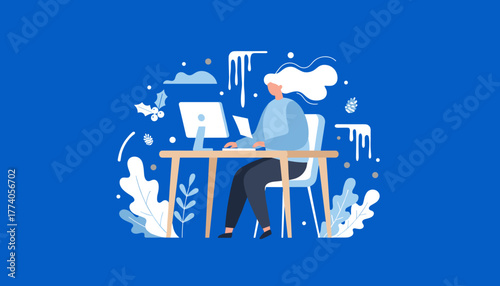 Remote work during holidays Woman working on PC at winter desk with festive decorations