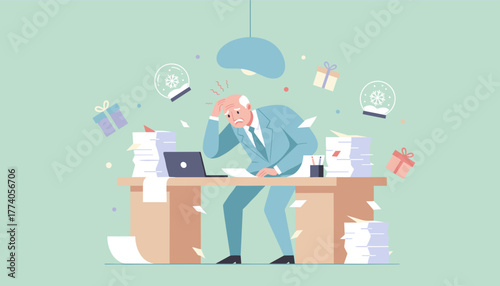 Stressed businessman overwhelmed by holiday work deadlines and paperwork pileup Vector illustration