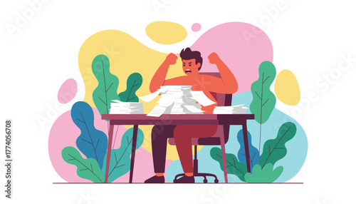 Stressed office worker overwhelmed by huge piles of paperwork and crushing workload