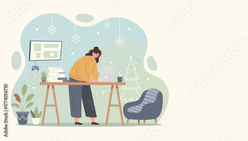 Busy woman working on laptop at home office during the winter season Remote work illustration