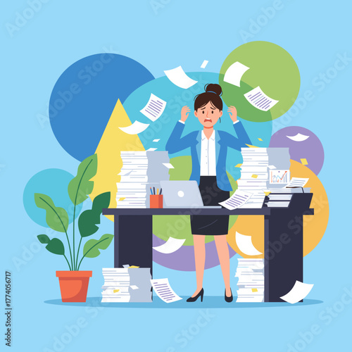 Overwhelmed employee drowning in paperwork and excessive office workload