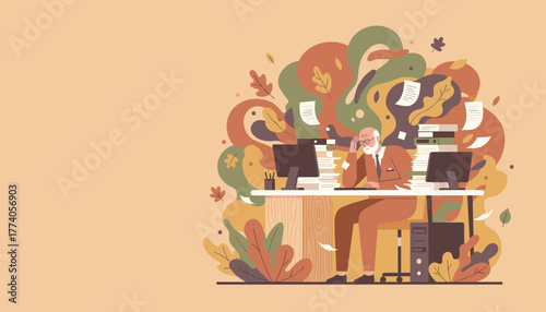 Overwhelmed senior man buried in paperwork and stressful autumn workflow illustration