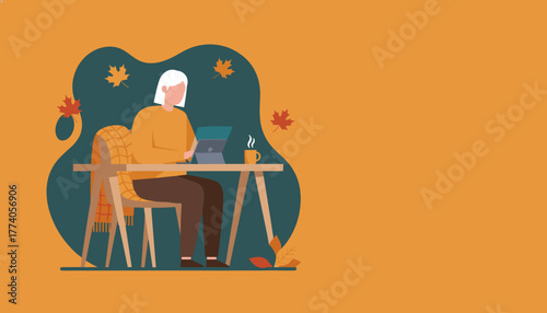 Senior person working on laptop at home Cozy autumn remote work illustration