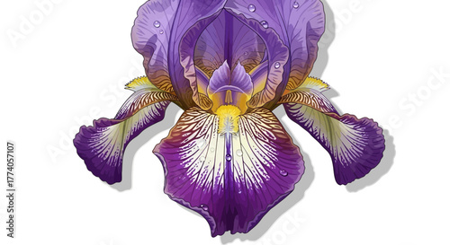 Purple iris flower with yellow center isolated on white background close up.