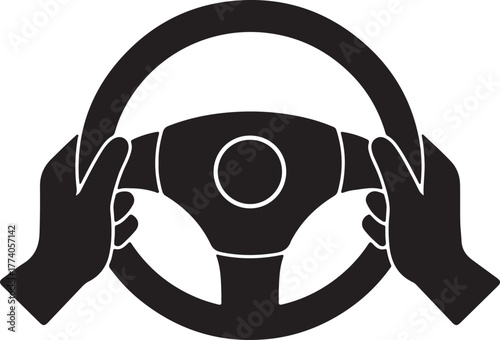 Black silhouette hands gripping a steering wheel symbolizing driving and control