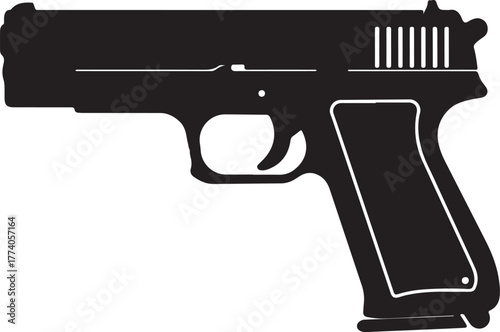 Black silhouette of a semi automatic handgun side profile for design projects