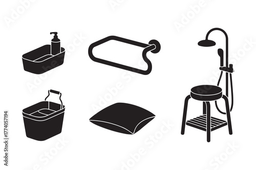 Collection of bathroom accessories and fixtures in black silhouette