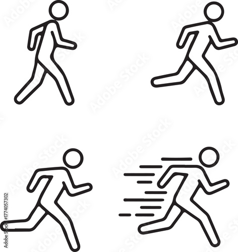 Diverse human figure motion sequence icons standing jogging and sprinting progression line art