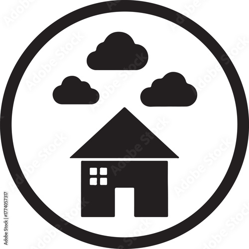 Minimalist black house silhouette with clouds inside a circular frame for real estate and home design