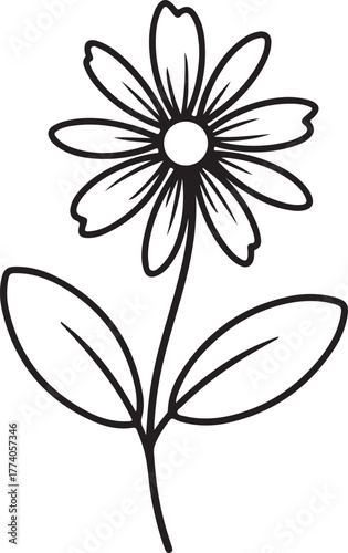 Clean line art single stem flower icon with eight petals and circular center