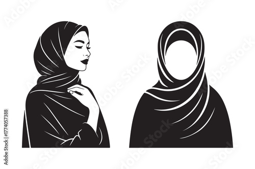 Two women wearing black hijabs in a stylized illustration