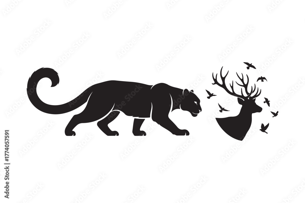 Obraz premium Silhouette of a panther and a deer with birds in a minimalist style