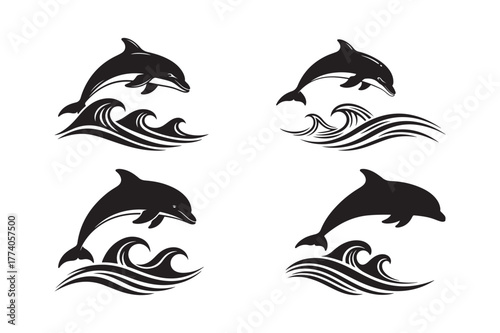 Four silhouetted dolphins leaping over stylized waves