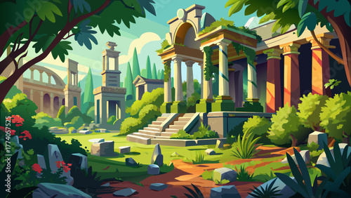 Very beautiful view of Holliday Park ruins in Indianapolis, Indiana, USA, featuring the historic garden with remnants of a 19th-century New York City building, classical statues, and lush greenery 