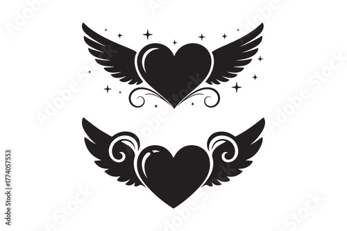 Two stylized black hearts with angelic wings and swirls