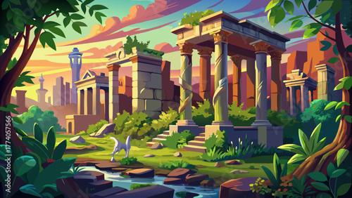 Very beautiful view of Holliday Park ruins in Indianapolis, Indiana, USA, featuring the historic garden with remnants of a 19th-century New York City building, classical statues, and lush greenery cre