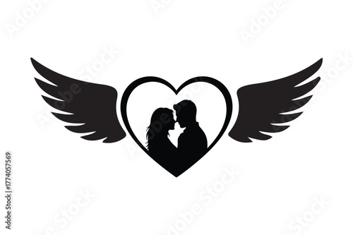 Silhouetted couple embracing inside a winged heart symbol