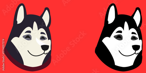 Husky Dog Head Vector Illustration - Color and Black Silhouette Set