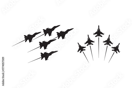 Silhouette of fighter jets in aerial formation against a white background