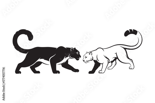 Two stylized panthers facing each other in silhouette