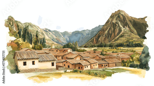Sacred Valley. Sacred Valley hand drawn watercolor illustration