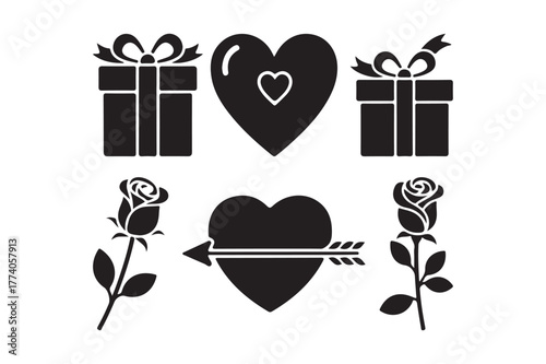 Collection of romantic symbols including hearts gifts and roses