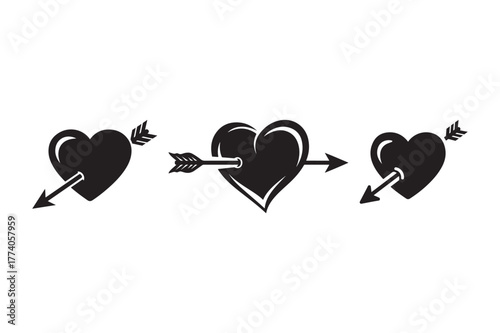 Three black hearts pierced by arrows symbolizing love and pain