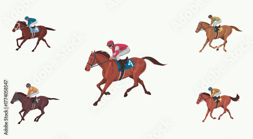Horse racing digital art showing five horses in full gallop with jockeys, vibrant color schemes, detailed anatomy, flowing manes and tails, shadows, and professional clean illustration style