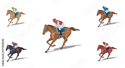 Horse racing vector illustration featuring five horses galloping with jockeys in red, blue, black, tan, and brown colors, dynamic motion, detailed anatomy, shadows, and white background