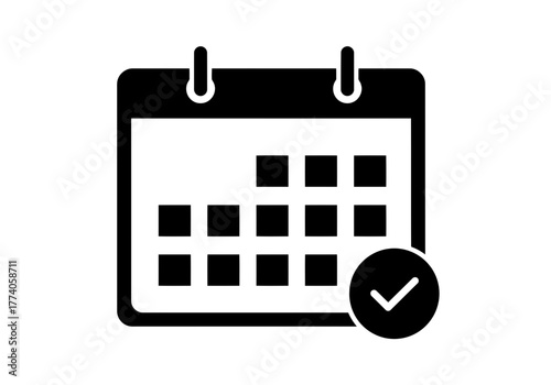 A icon of a monthly calendar with square grid and check mark indicating a completed schedule or appointment date set