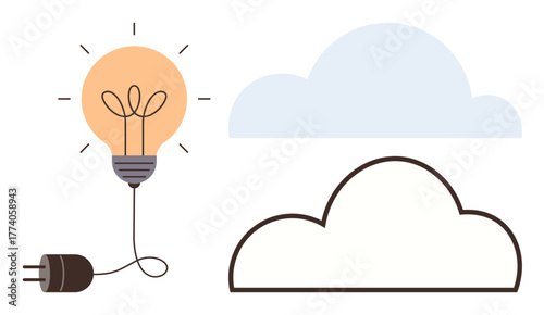 Lit bulb plugged into outlet next to two clouds representing ideas, creativity, innovation, cloud computing. Ideal for technology, energy, inspiration, brainstorming, concepts sustainability simple