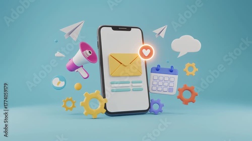 Cartoon style mobile phone with message,calendar,megaphone,and gears on light blue background animation