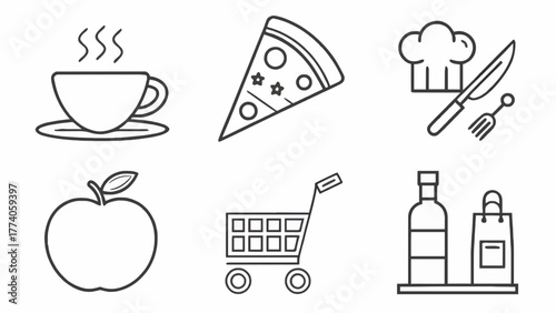 Food, Cooking, and Shopping Line Art Icons Collection