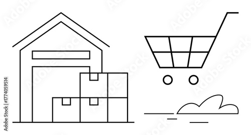 Warehouse with stacked boxes beside a minimalist shopping cart. Ideal for online shopping, inventory, retail, logistics, delivery, supply chain, e-commerce. Simple flat metaphor