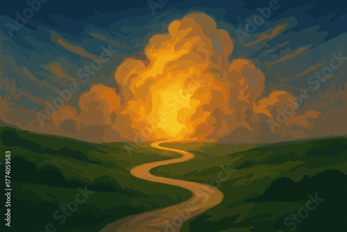 Dramatic sunset over a winding path through green hills leading towards an expansive, vibrant orange cloud formation.