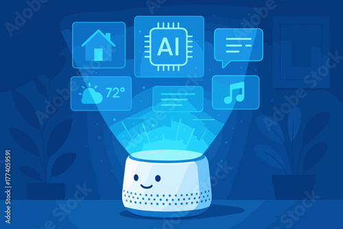 A futuristic smart home assistant device with a cheerful face projects holographic icons, including ai, home, messages, weather, and music.