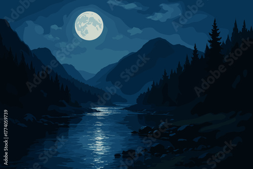 A serene night landscape with a full moon illuminating a calm river, surrounded by dark silhouettes of mountains and pine trees.