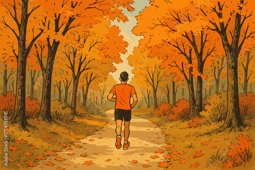 A young caucasian male jogs down a tree-lined path surrounded by vibrant autumn foliage, wearing an orange shirt and black shorts.