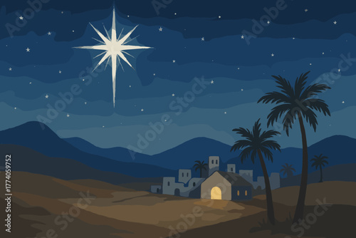 A serene night sky shining with a bright star over a distant village, framed by palm trees and mountains in a peaceful desert landscape.