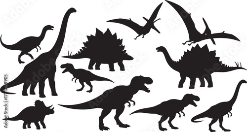 Collection of black dinosaur silhouettes in various poses and species