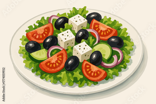 Fresh greek salad on a white plate featuring sliced tomatoes, cucumbers, black olives, feta cubes, and red onion rings, garnished with leafy greens.