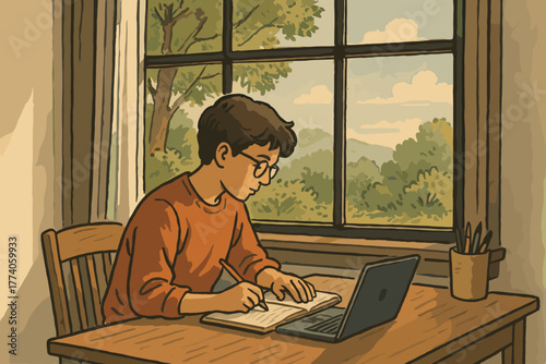 Young caucasian male sitting at a desk, writing in a notebook beside an open laptop, with a view of trees through the window.