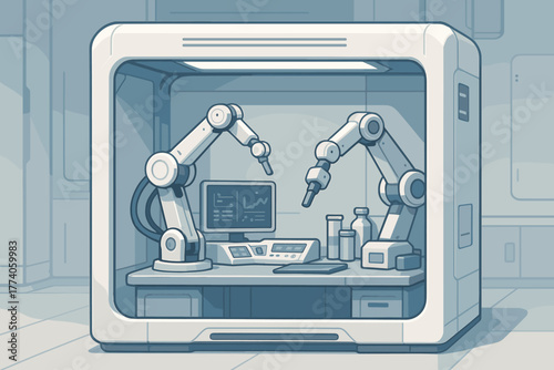 Two robotic arms operate inside a high-tech laboratory chamber alongside a computer screen and various laboratory equipment.