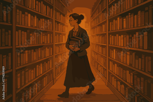 A female adult walks through a dimly lit library aisle holding books, surrounded by tall bookshelves filled with books.