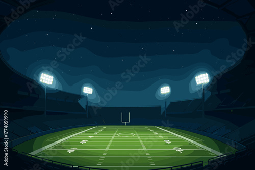 Nighttime view of an empty, brightly lit football stadium with a well-maintained green field and visible yard lines under a starry sky.