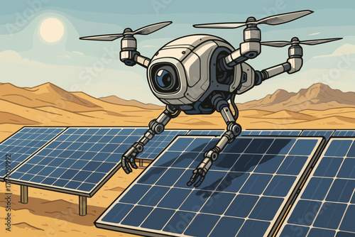 Futuristic drone inspects solar panels in a desert landscape under a sunny sky, showcasing advanced renewable energy technology.