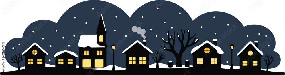 Fototapeta premium Cozy winter village silhouette with falling snow dark night sky and glowing building windows