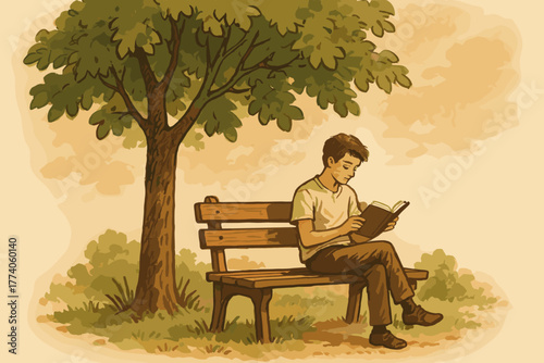 Young caucasian male adult reading a book on a wooden park bench under a leafy tree, set against a soft sepia-toned background.