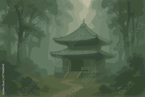 Green-toned digital artwork of a traditional east asian pagoda surrounded by tall trees and dense foliage, evoking a serene and mystical atmosphere.
